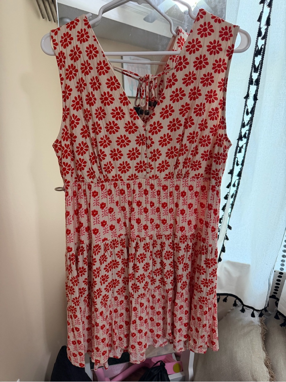 Japna Cream Dress with Red Floral Print